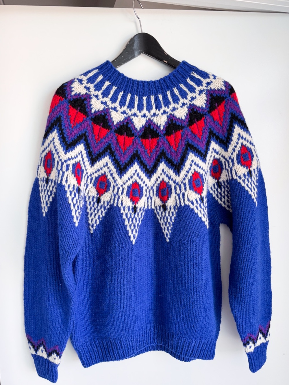 Vintage Marsh Landing Hand Knit Shetland Wool Fair Isle Yoke Sweater M Blue